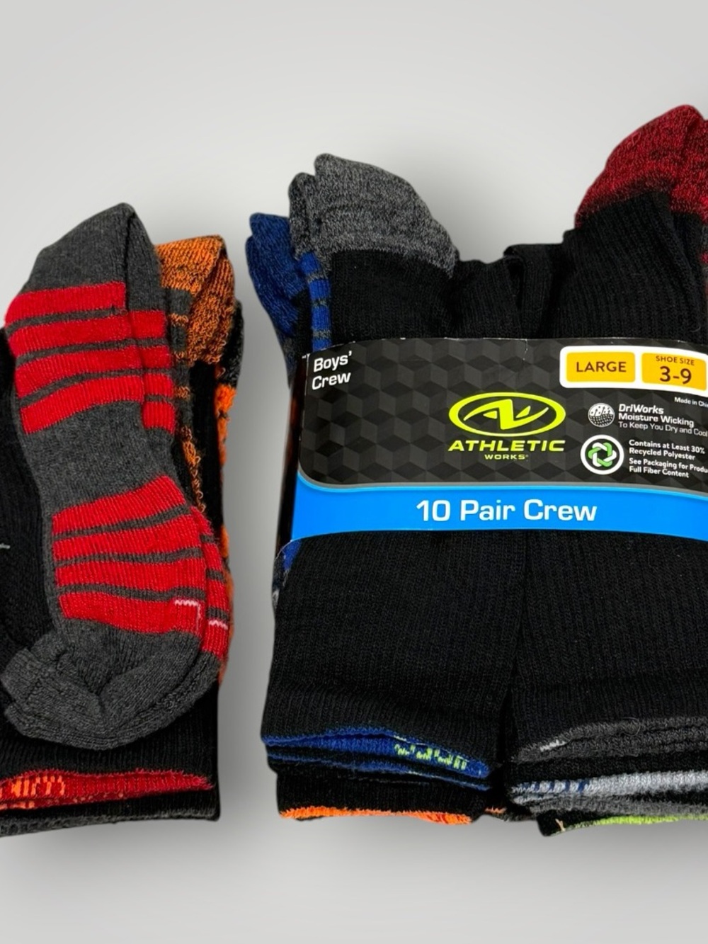 Athletic Works Boys 14 Pair Crew Socks - Black with Various Color Accents Large